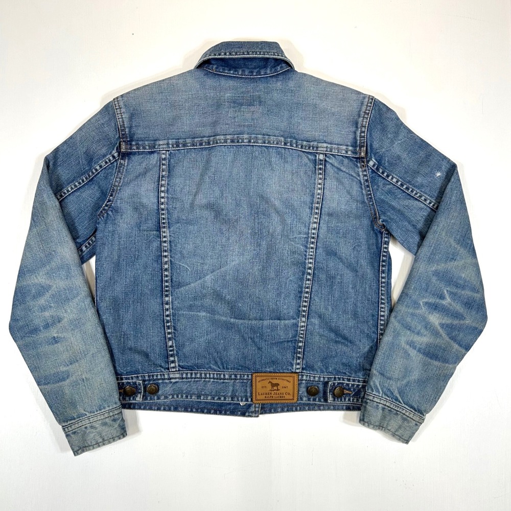 Lauren Jeans Co Ralph Lauren Womens Blue Denim Trucker Jacket Distressed Small - Picture 3 of 8